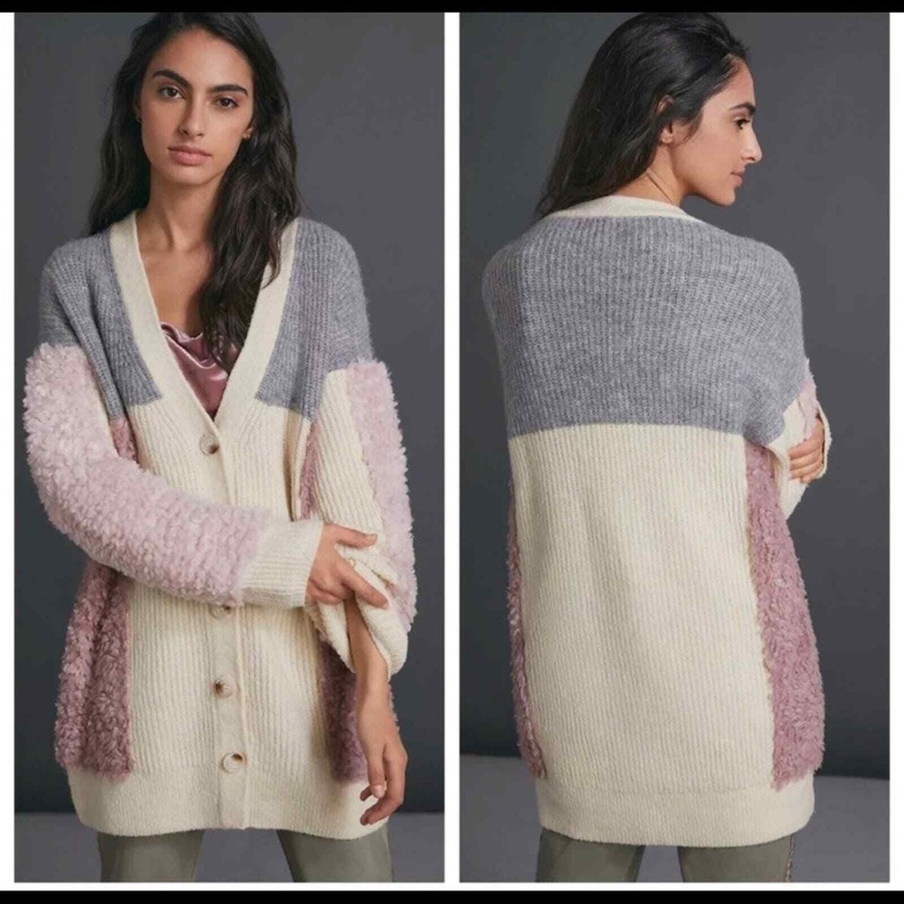 Anthropologie Cardigan Sweater Women XS Pink Grey Olivia Oversized Textured